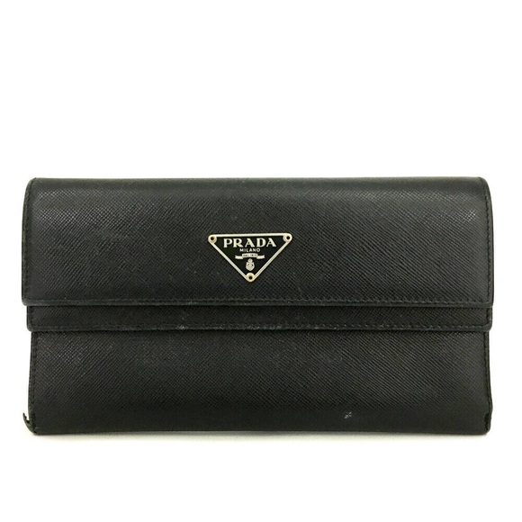 Prada Handbags - PRADA Logo Plate Black Saffiano Leather Long Triold Wallet/